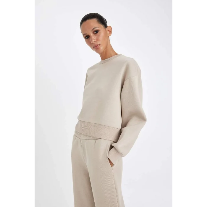 B8568 Boxy Fit Bisiklet Yaka Kalın Basic Düz Sweatshirt