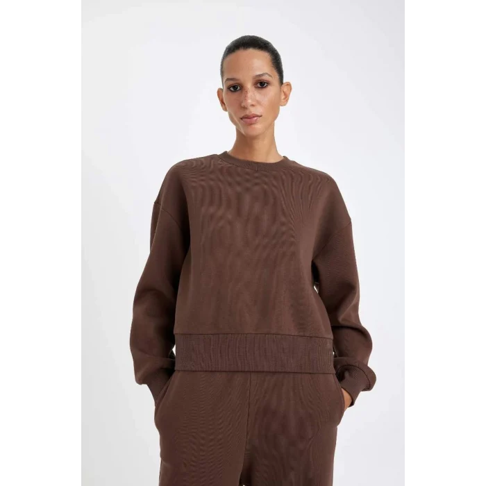 B8568 Boxy Fit Bisiklet Yaka Kalın Kumaş Düz Sweatshirt