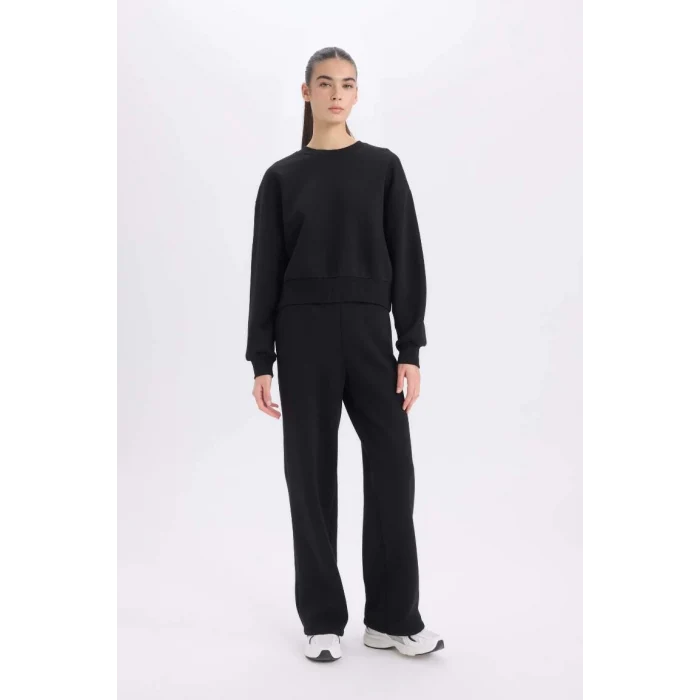 B8568 Siyah Boxy Fit Bisiklet Yaka Kalın Basic Düz Sweatshirt
