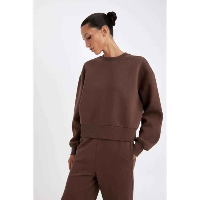 B8568 Boxy Fit Bisiklet Yaka Kalın Kumaş Düz Sweatshirt