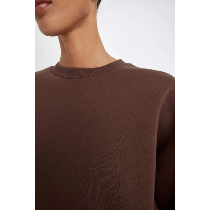 B8568 Boxy Fit Bisiklet Yaka Kalın Kumaş Düz Sweatshirt