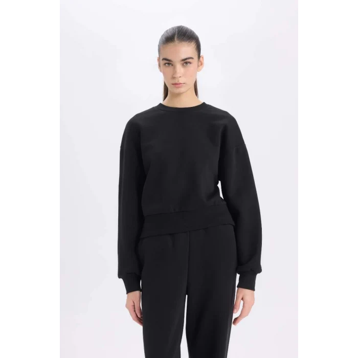 B8568 Siyah Boxy Fit Bisiklet Yaka Kalın Basic Düz Sweatshirt