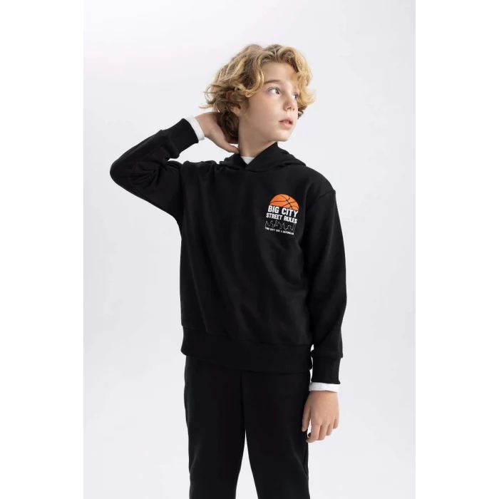 B8996 Baskılı Kapüşonlu Kalın Sweatshirt