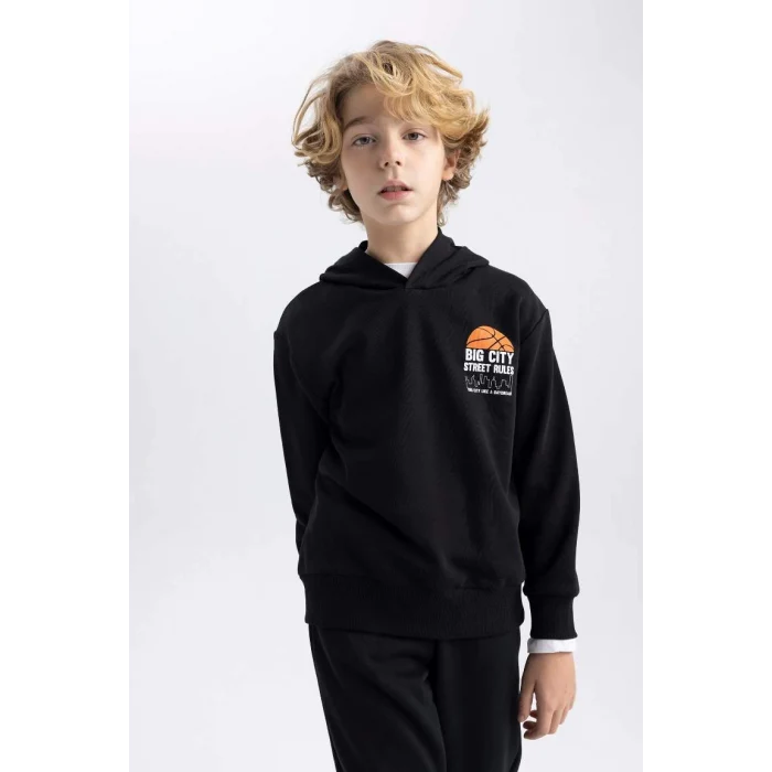 B8996 Baskılı Kapüşonlu Kalın Sweatshirt
