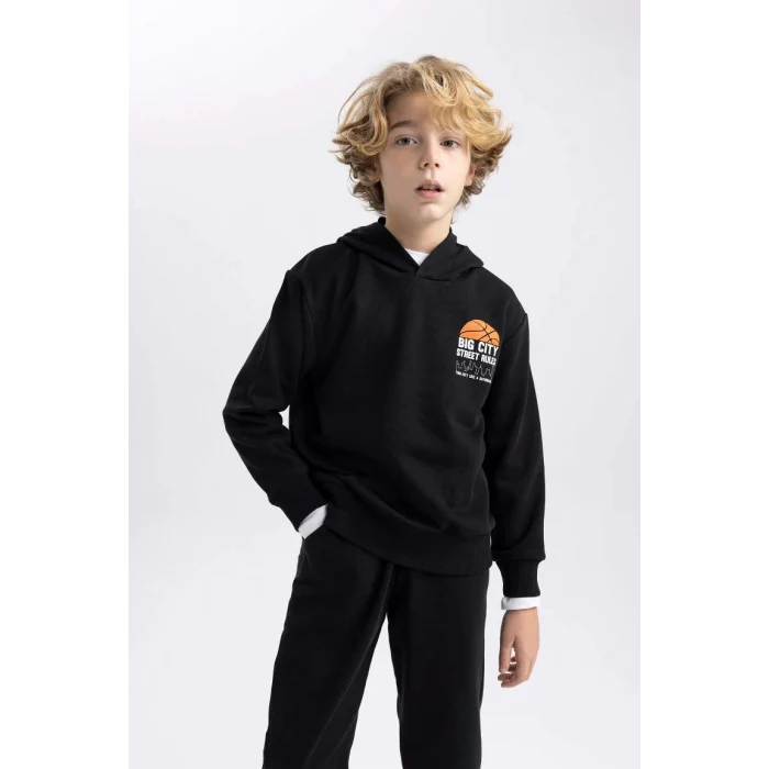 B8996 Baskılı Kapüşonlu Kalın Sweatshirt