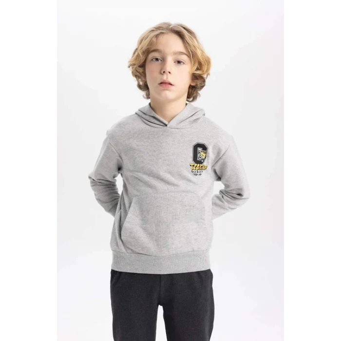 B9012 Baskılı Kapüşonlu Kalın Sweatshirt