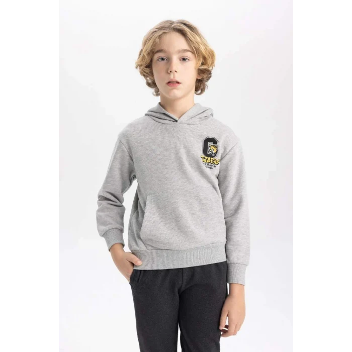 B9012 Baskılı Kapüşonlu Kalın Sweatshirt