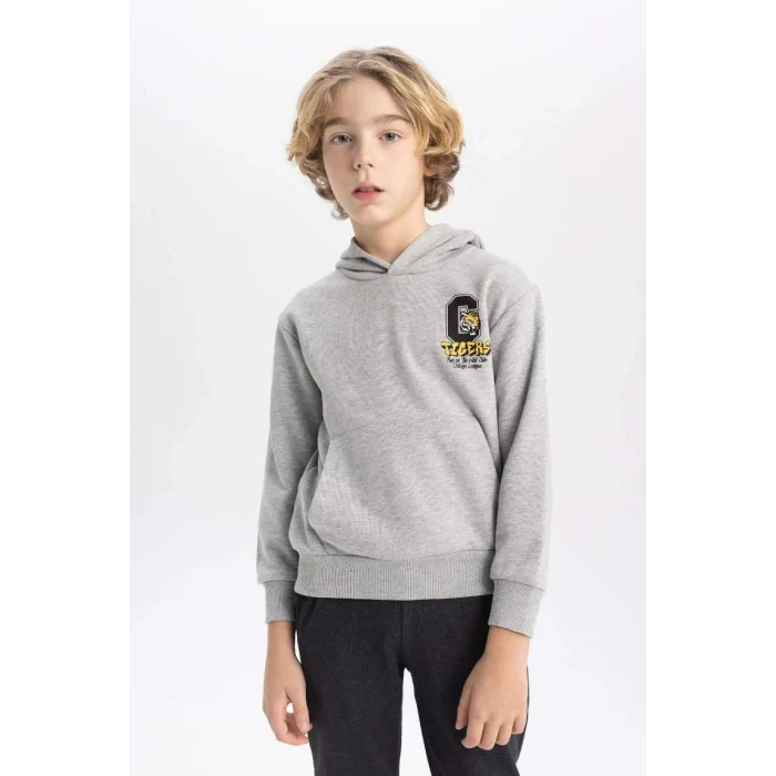 B9012 Baskılı Kapüşonlu Kalın Sweatshirt