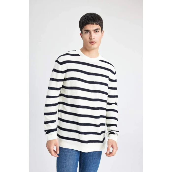 B9724 Standart Fit Normal Kesim Bisiklet Yaka Triko Çizgili Kazak