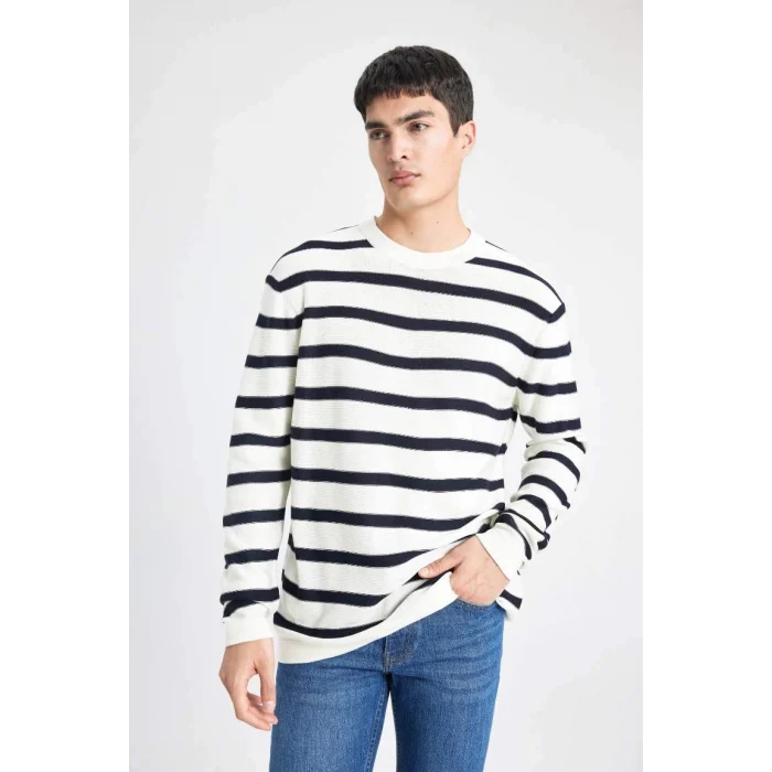 B9724 Standart Fit Normal Kesim Bisiklet Yaka Triko Çizgili Kazak