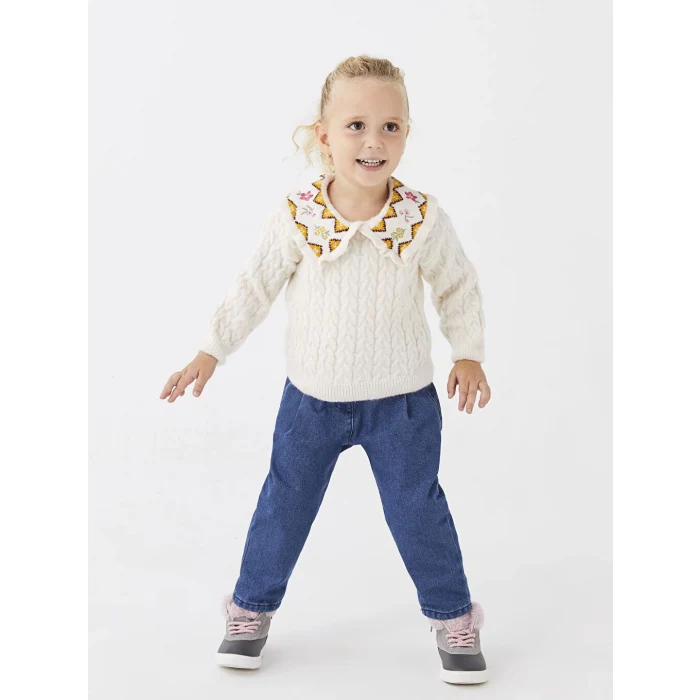 Bej Polo Yaka Uzun Kollu Nakış Detaylı Kız Bebek Triko Kazak