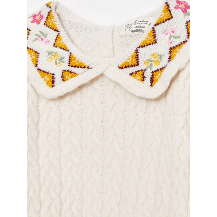 Bej Polo Yaka Uzun Kollu Nakış Detaylı Kız Bebek Triko Kazak