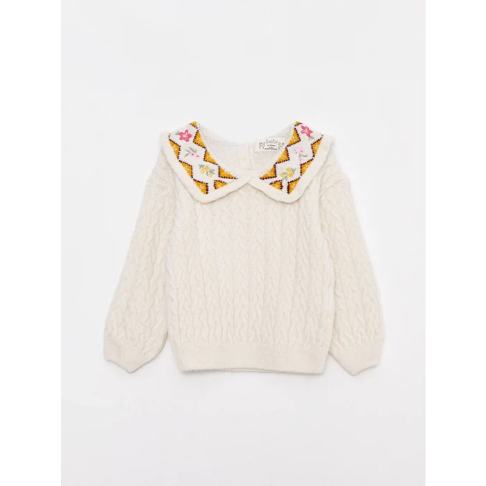 Bej Polo Yaka Uzun Kollu Nakış Detaylı Kız Bebek Triko Kazak