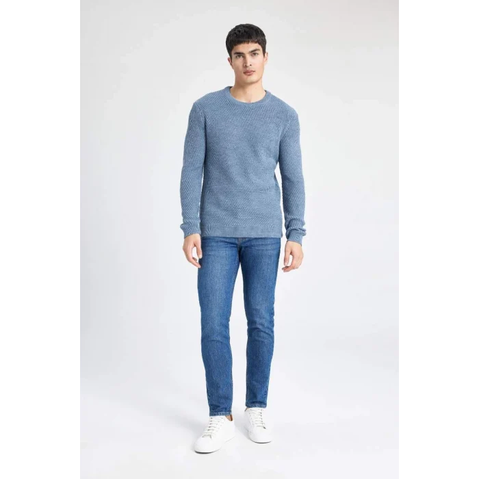 C0048 Mavi Standart Fit Normal Kesim Bisiklet Yaka Triko Kazak