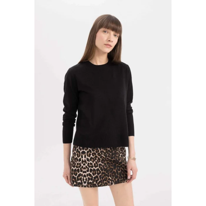 C0058 Siyah Regular Fit Yumuşak Dokulu Bisiklet Yaka Basic Düz Triko Kazak