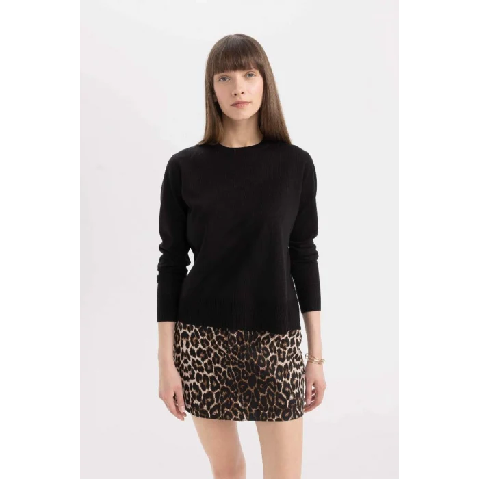 C0058 Siyah Regular Fit Yumuşak Dokulu Bisiklet Yaka Basic Düz Triko Kazak