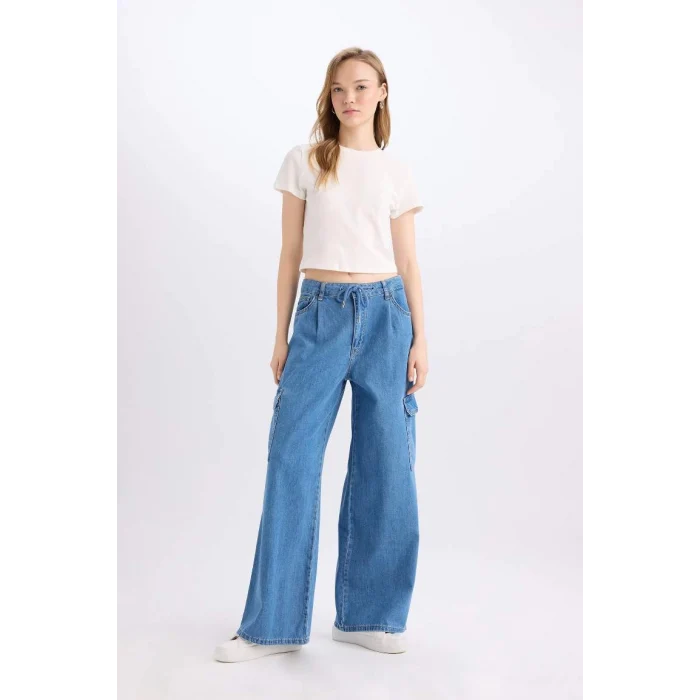 C1244 Wide Leg Kargo Yüksek Bel Uzun Yumuşak Jean Pantolon