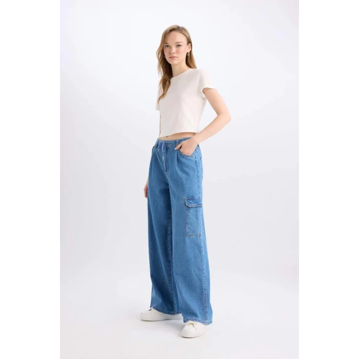 C1244 Wide Leg Kargo Yüksek Bel Uzun Yumuşak Jean Pantolon