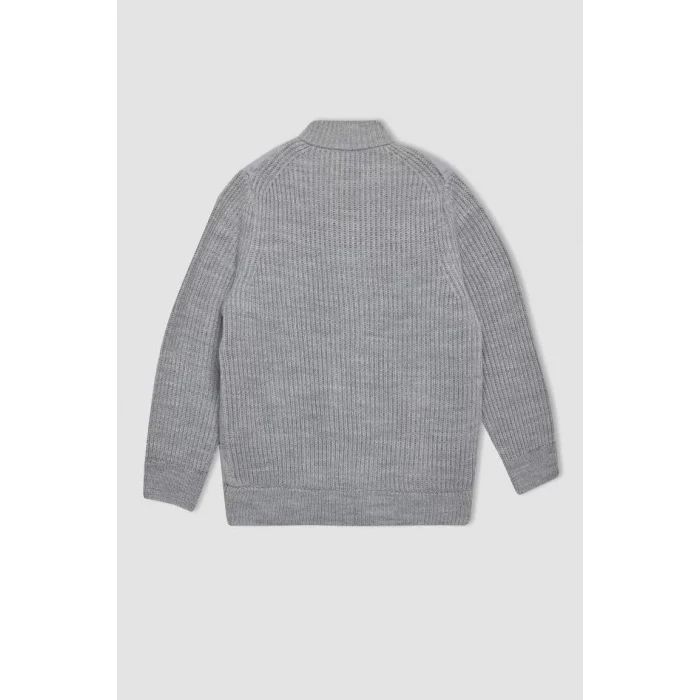 C1765 Yarım Balıkçı Yaka Fermuarlı Cepli Düz Basic Triko Ceket Hırka