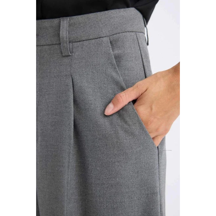 C2020 Pensli Klasik Wide Leg Geniş Bol Paça Basic Düz Uzun Boy Yüksek Bel Cepli Gri Pantolon