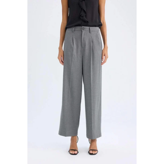 C2020 Pensli Klasik Wide Leg Geniş Bol Paça Basic Düz Uzun Boy Yüksek Bel Cepli Gri Pantolon