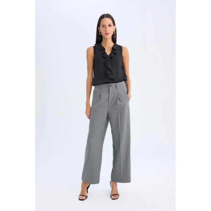 C2020 Pensli Klasik Wide Leg Geniş Bol Paça Basic Düz Uzun Boy Yüksek Bel Cepli Gri Pantolon