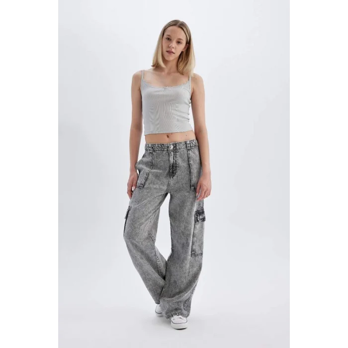 C3255 Wide Leg Yüksek Bel Jean Yıkamalı Pantolon