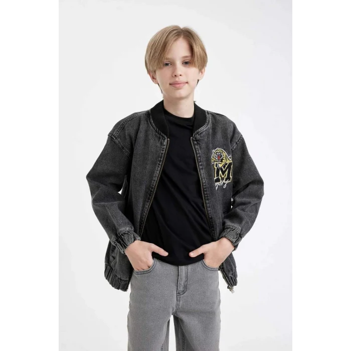 C3685 Kolej Yaka Fermuarlı Cepli Mevsimlik Baskılı Jean Bomber Ceket