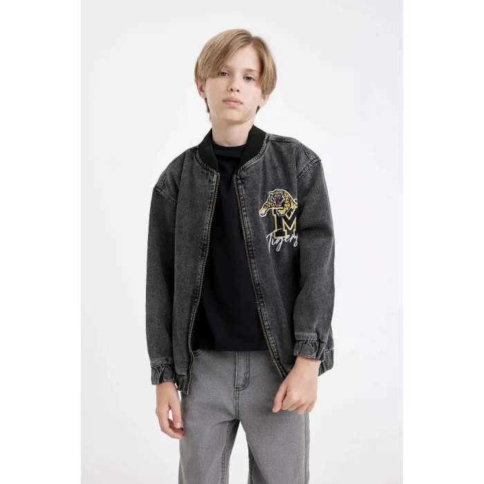 C3685 Kolej Yaka Fermuarlı Cepli Mevsimlik Baskılı Jean Bomber Ceket