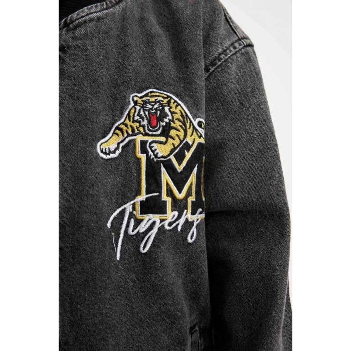 C3685 Kolej Yaka Fermuarlı Cepli Mevsimlik Baskılı Jean Bomber Ceket