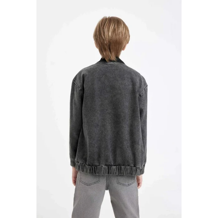 C3685 Kolej Yaka Fermuarlı Cepli Mevsimlik Baskılı Jean Bomber Ceket