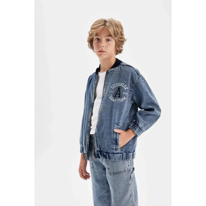 C3685 Kolej Yaka Fermuarlı Cepli Mevsimlik Baskılı Jean Bomber Ceket