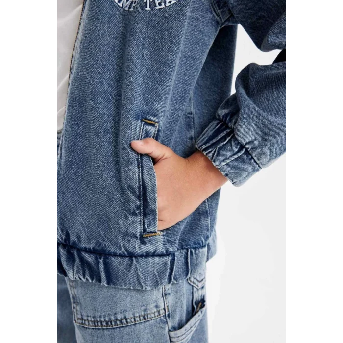 C3685 Kolej Yaka Fermuarlı Cepli Mevsimlik Baskılı Jean Bomber Ceket