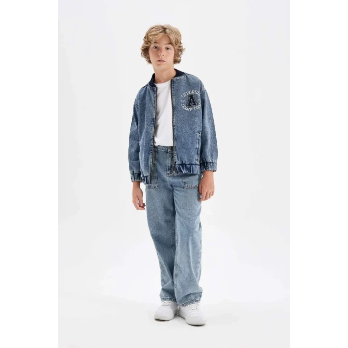 C3685 Kolej Yaka Fermuarlı Cepli Mevsimlik Baskılı Jean Bomber Ceket