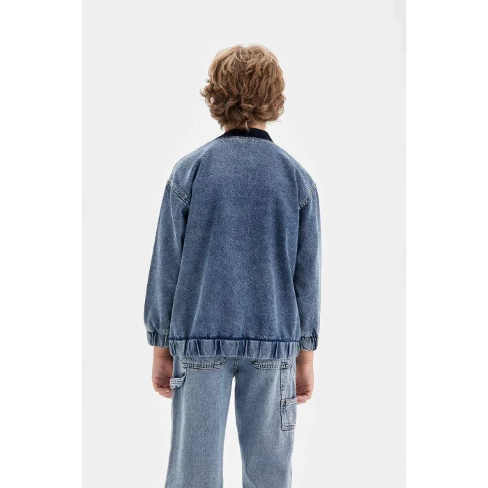 C3685 Kolej Yaka Fermuarlı Cepli Mevsimlik Baskılı Jean Bomber Ceket