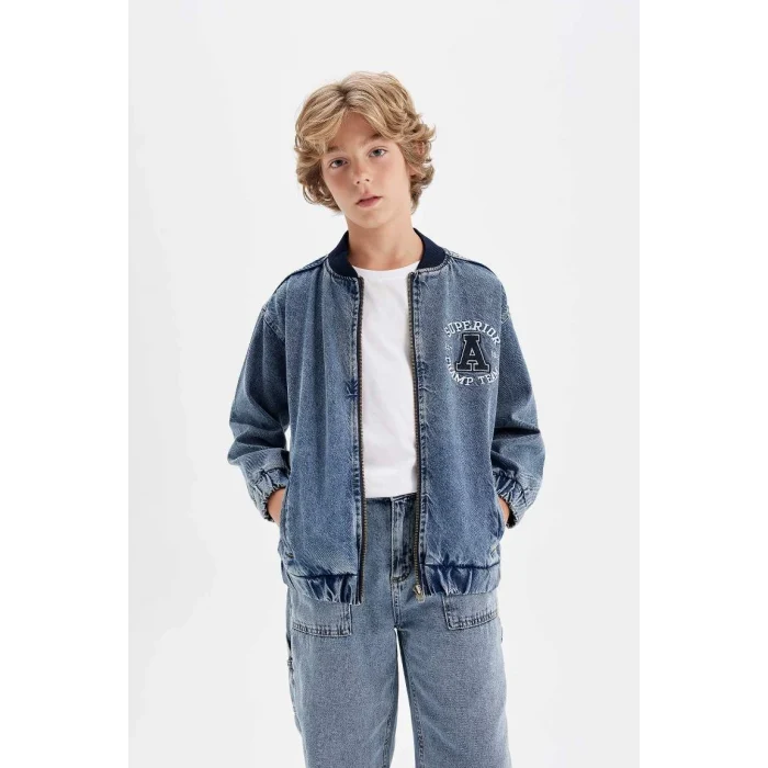 C3685 Kolej Yaka Fermuarlı Cepli Mevsimlik Baskılı Jean Bomber Ceket
