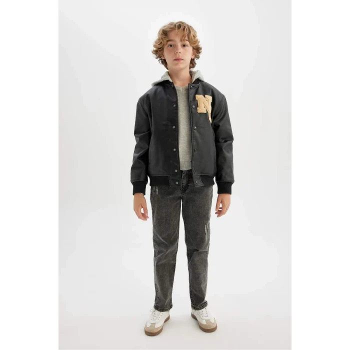 C4326 Su İtici Çıkarılabilir Kapüşonlu Çıtçıt Kapamalı Çift Cepli Kolej Yaka Suni Deri Bomber Hafif Mont