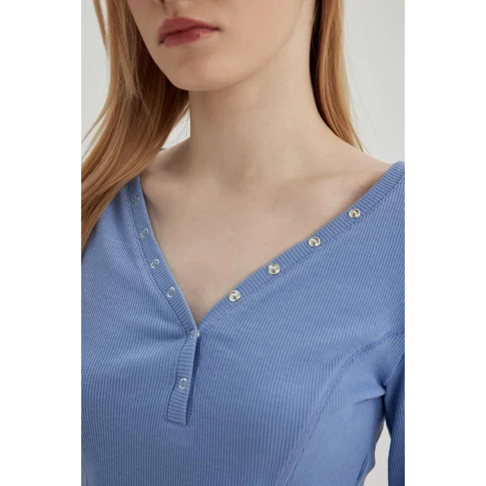 C4399 Coool Fitted V Yaka Crop Fitilli Kaşkorse Uzun Kollu Tişört