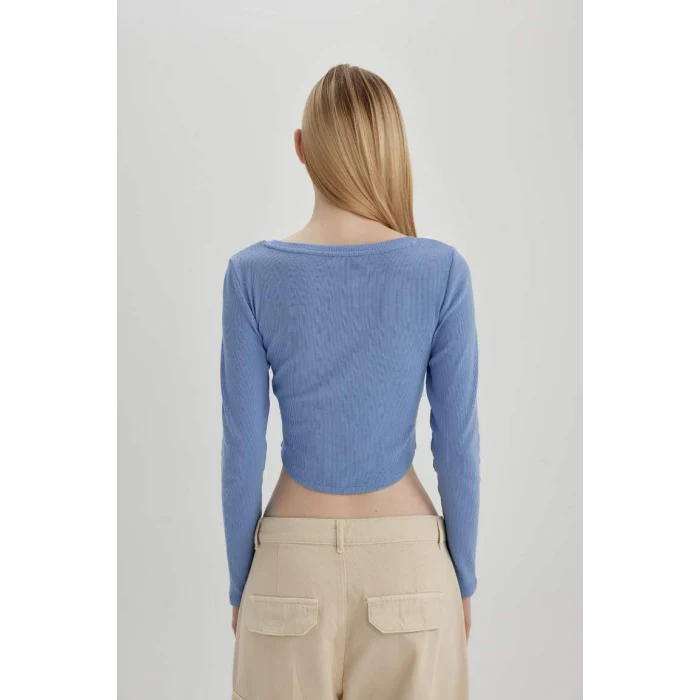 C4399 Coool Fitted V Yaka Crop Fitilli Kaşkorse Uzun Kollu Tişört