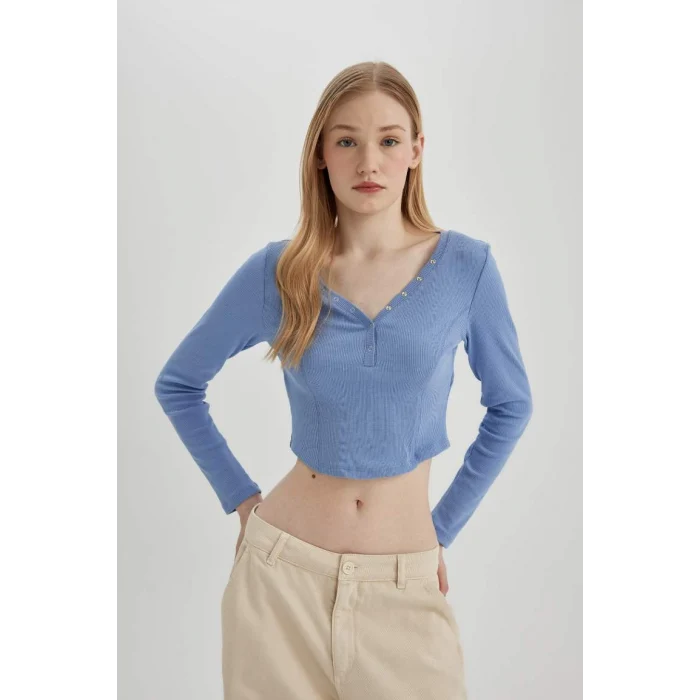 C4399 Coool Fitted V Yaka Crop Fitilli Kaşkorse Uzun Kollu Tişört