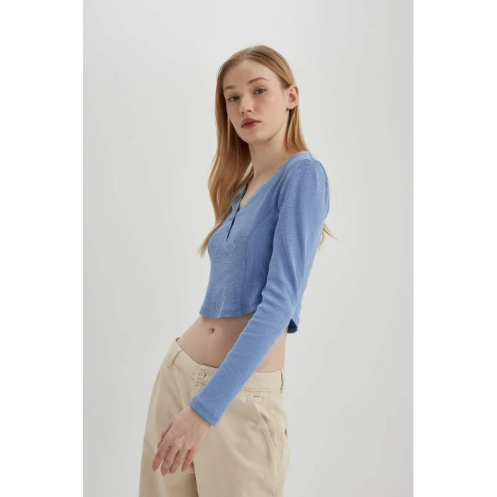 C4399 Coool Fitted V Yaka Crop Fitilli Kaşkorse Uzun Kollu Tişört