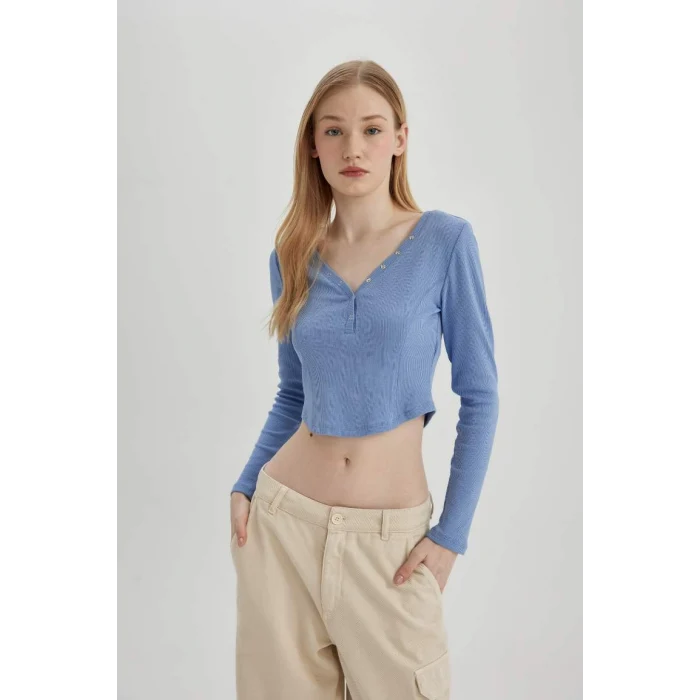 C4399 Coool Fitted V Yaka Crop Fitilli Kaşkorse Uzun Kollu Tişört