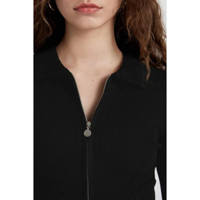 C4578 Fitted Polo Yaka Fitilli Kaşkorse Crop Fermuarlı Hırka