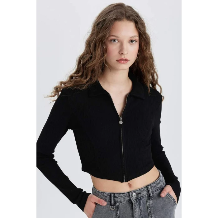 C4578 Fitted Polo Yaka Fitilli Kaşkorse Crop Fermuarlı Hırka