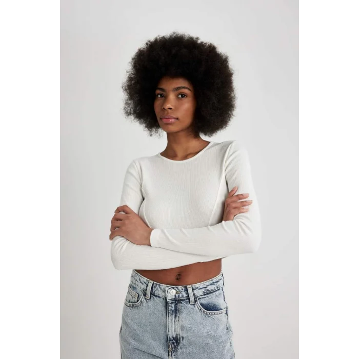 C4580 Fitted Bisiklet Yaka Fitilli Kaşkorse Crop Uzun Kollu Tişört