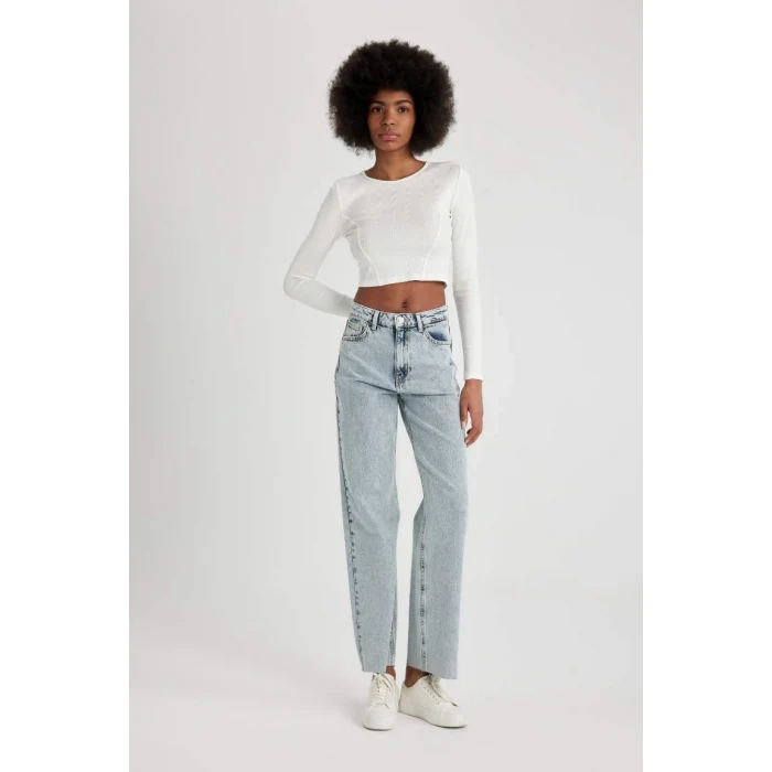 C4580 Fitted Bisiklet Yaka Fitilli Kaşkorse Crop Uzun Kollu Tişört