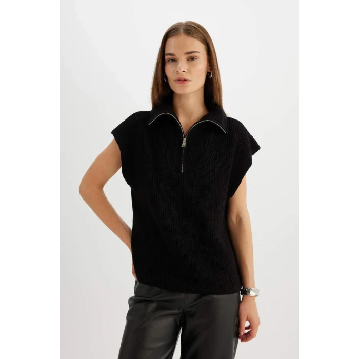 C4849 Relax Fit Fermuarlı Dik Yaka Selanik Kumaş Siyah Triko Süveter