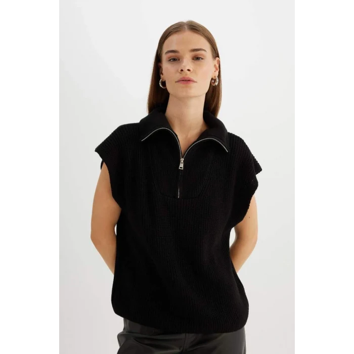 C4849 Relax Fit Fermuarlı Dik Yaka Selanik Kumaş Siyah Triko Süveter