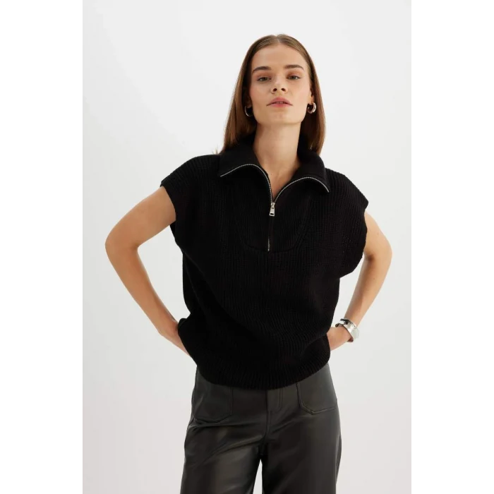 C4849 Relax Fit Fermuarlı Dik Yaka Selanik Kumaş Siyah Triko Süveter