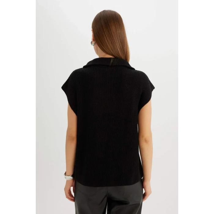 C4849 Relax Fit Fermuarlı Dik Yaka Selanik Kumaş Siyah Triko Süveter